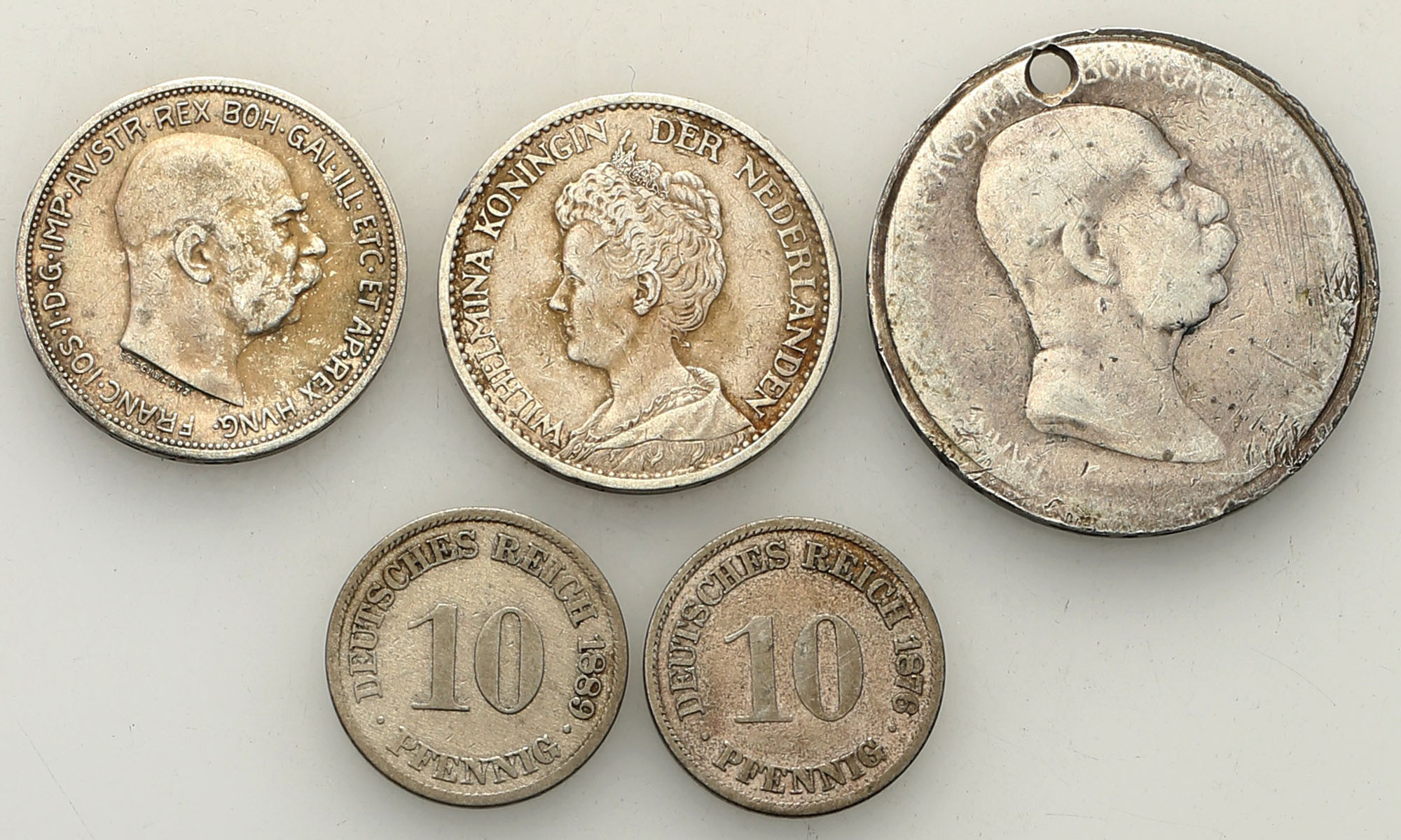 Austria, Niemcy, Holandia. 2 korony 1912, 5 koron 1909, 10 fenigów 1876 i 1888, gulden 1915, zestaw 5 monet